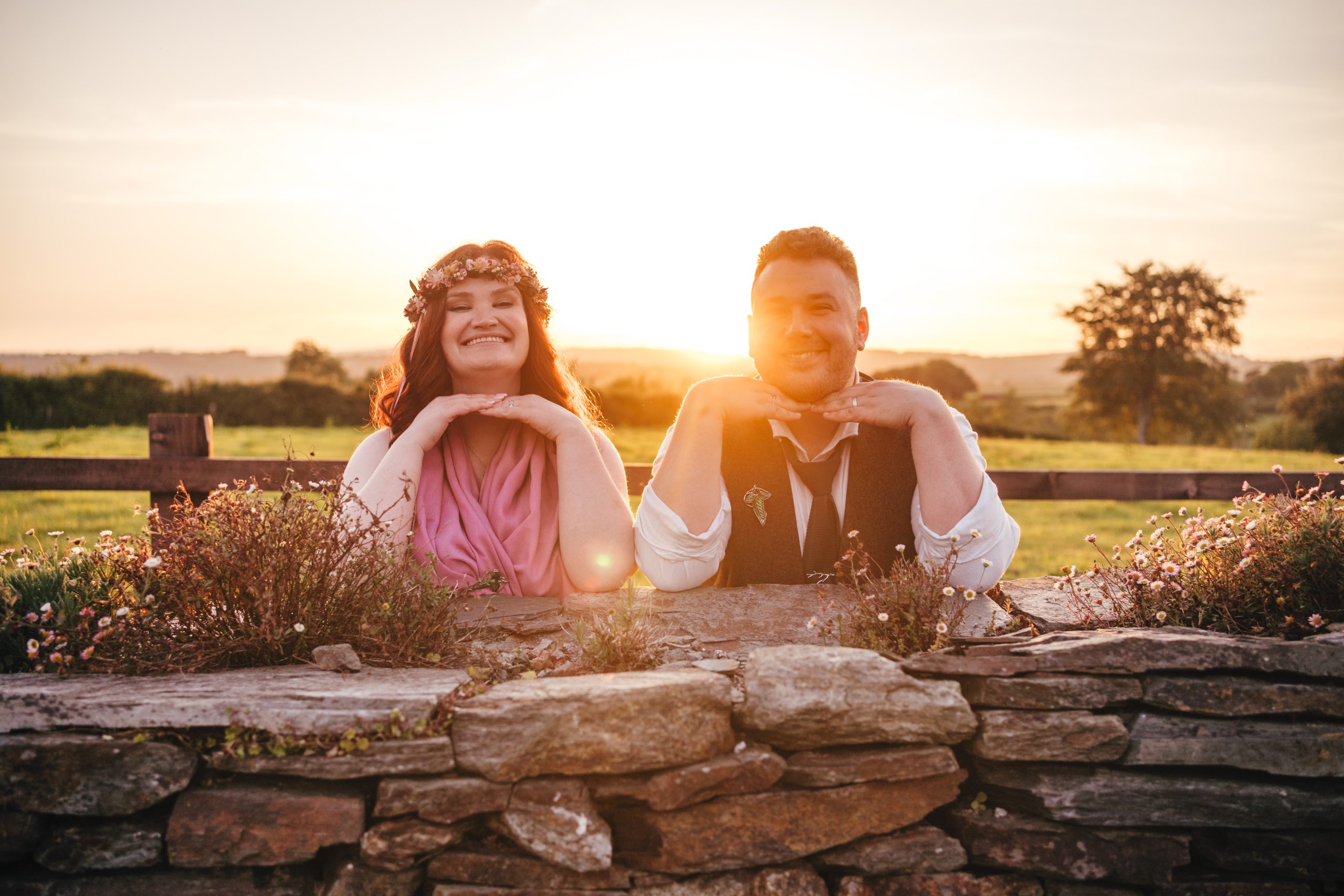 Sunset on a rural devon barn wedding